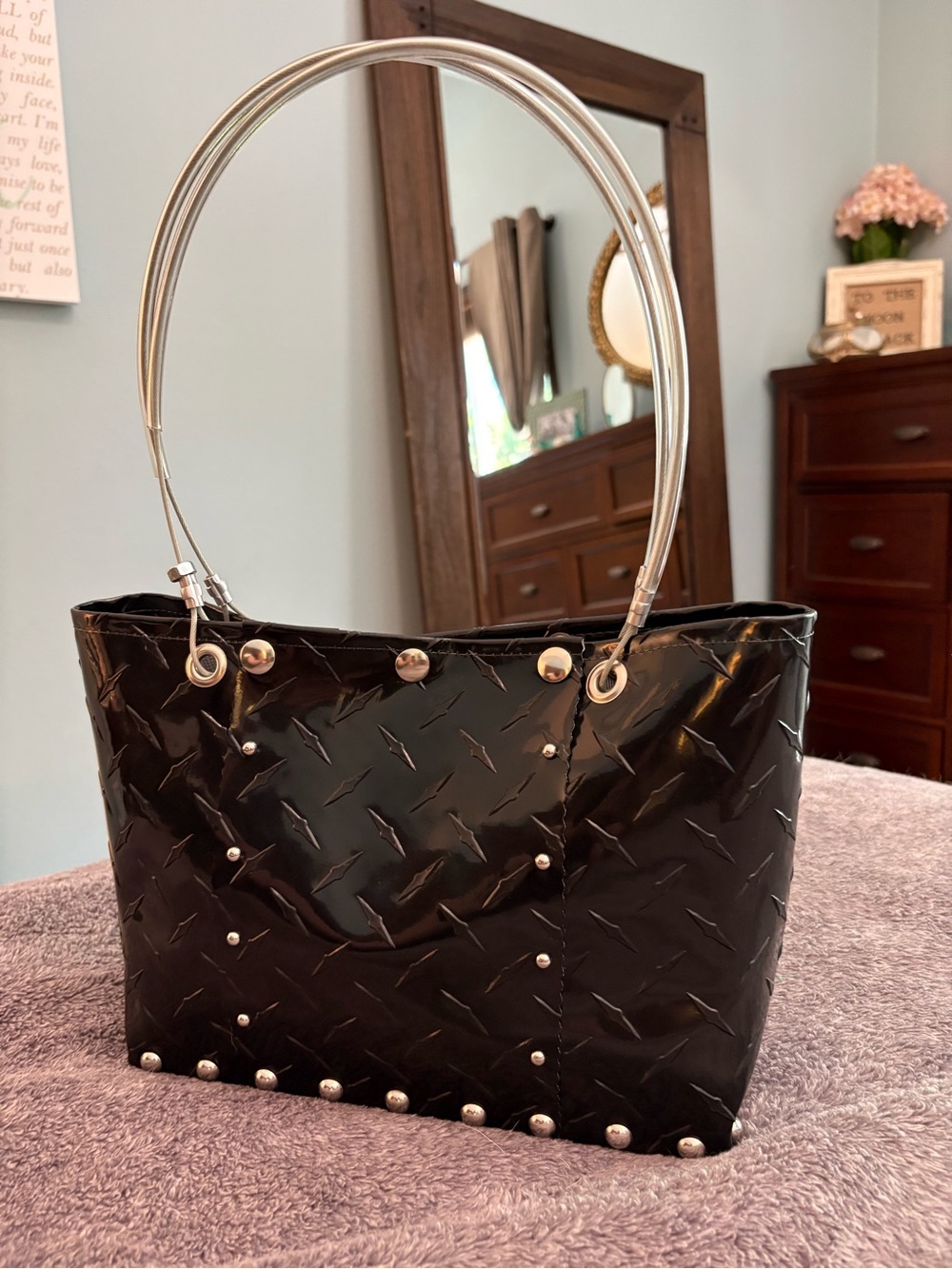 Hardware by Renee Black Patent Tote with Silver Hoop Handles